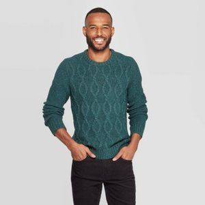 Green Men's Standard Fit Cable Crew Neck Sweater
